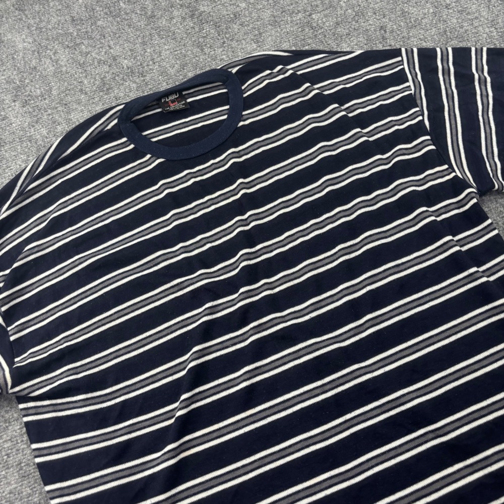 FUBU Striped T-Shirt L Blue White Grey Vintage 90s Streetwear Mens